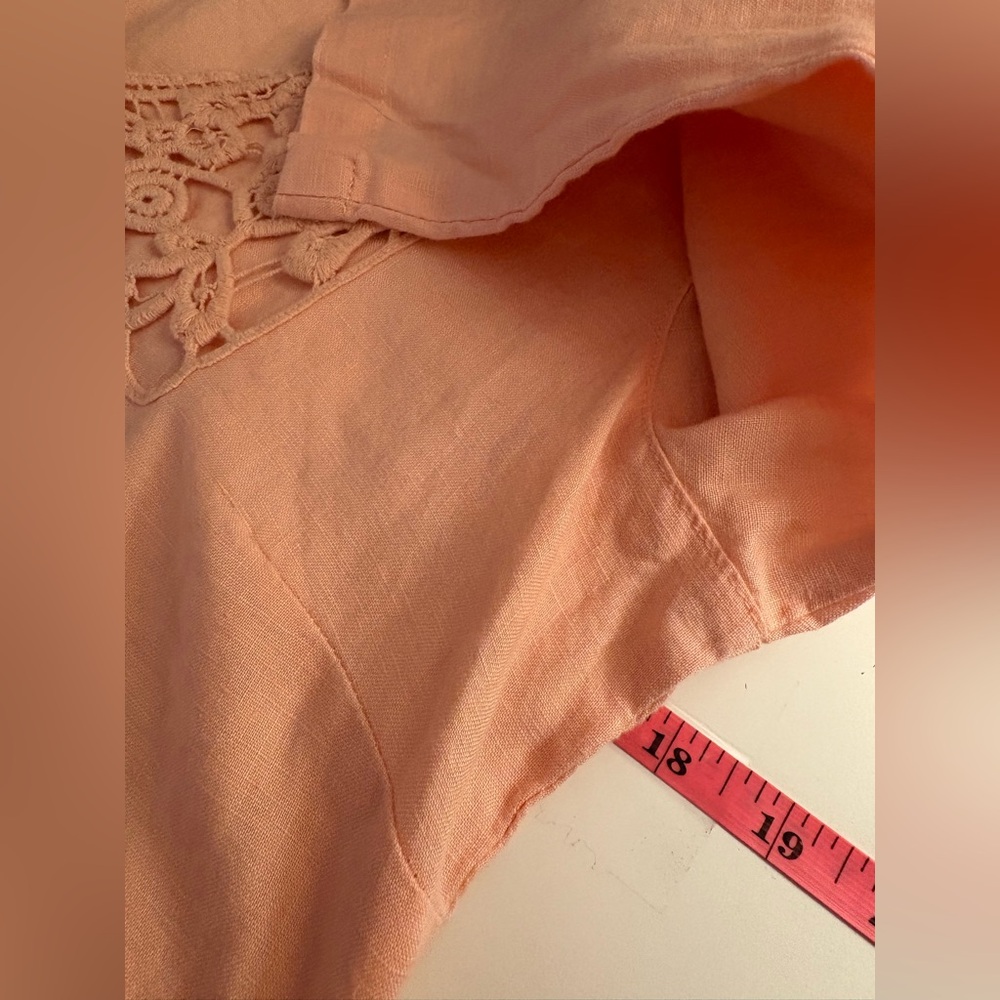 Medium Malvin "I Love Linen" Peach Tunic Dress 3/4 Sleeve Crochet Lace Trim - Picture 5 of 5